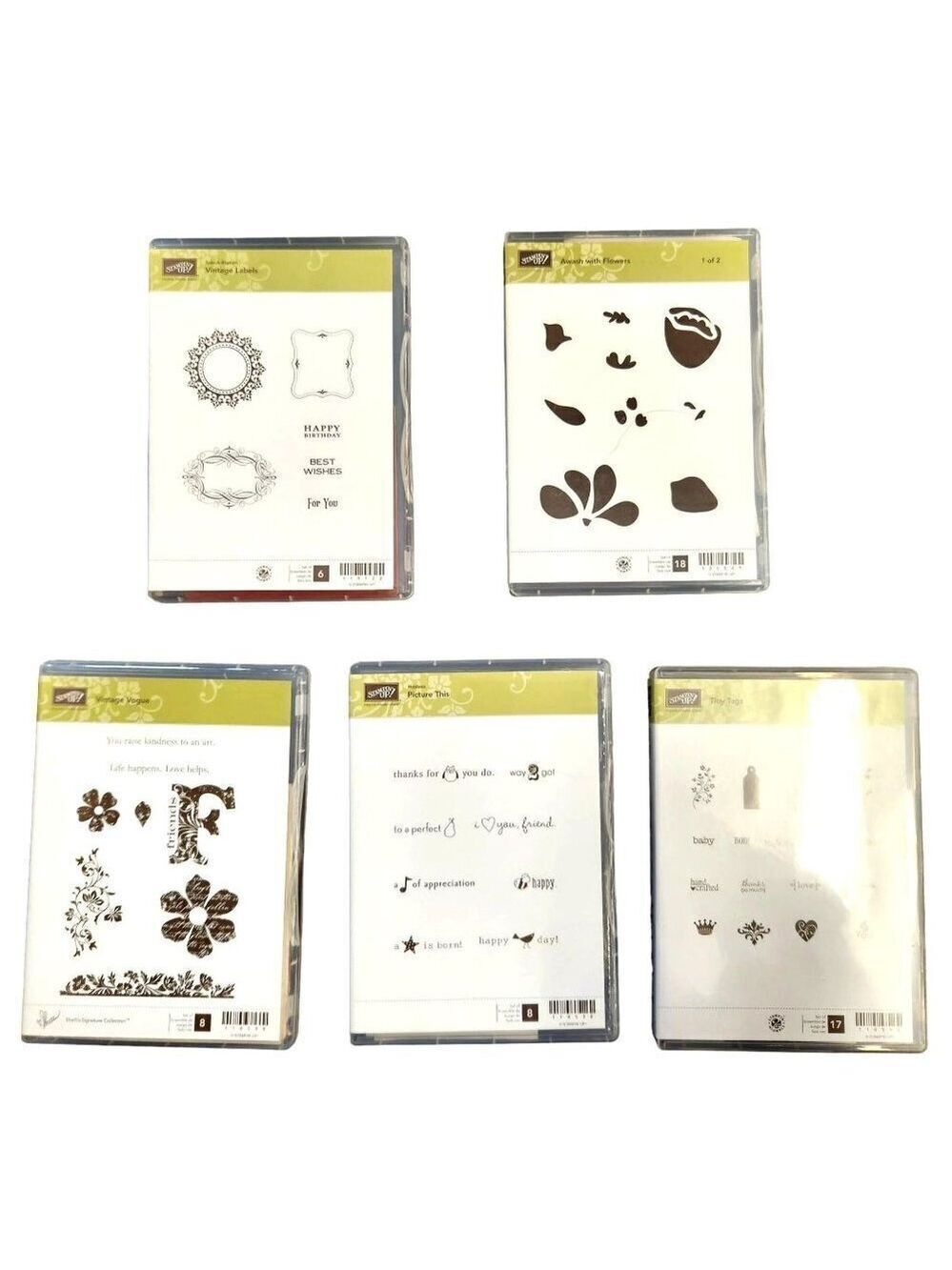 Stampin Up! 5 Complete Stamp Sets, Flowers, Labels, Tags, Vintage, and more